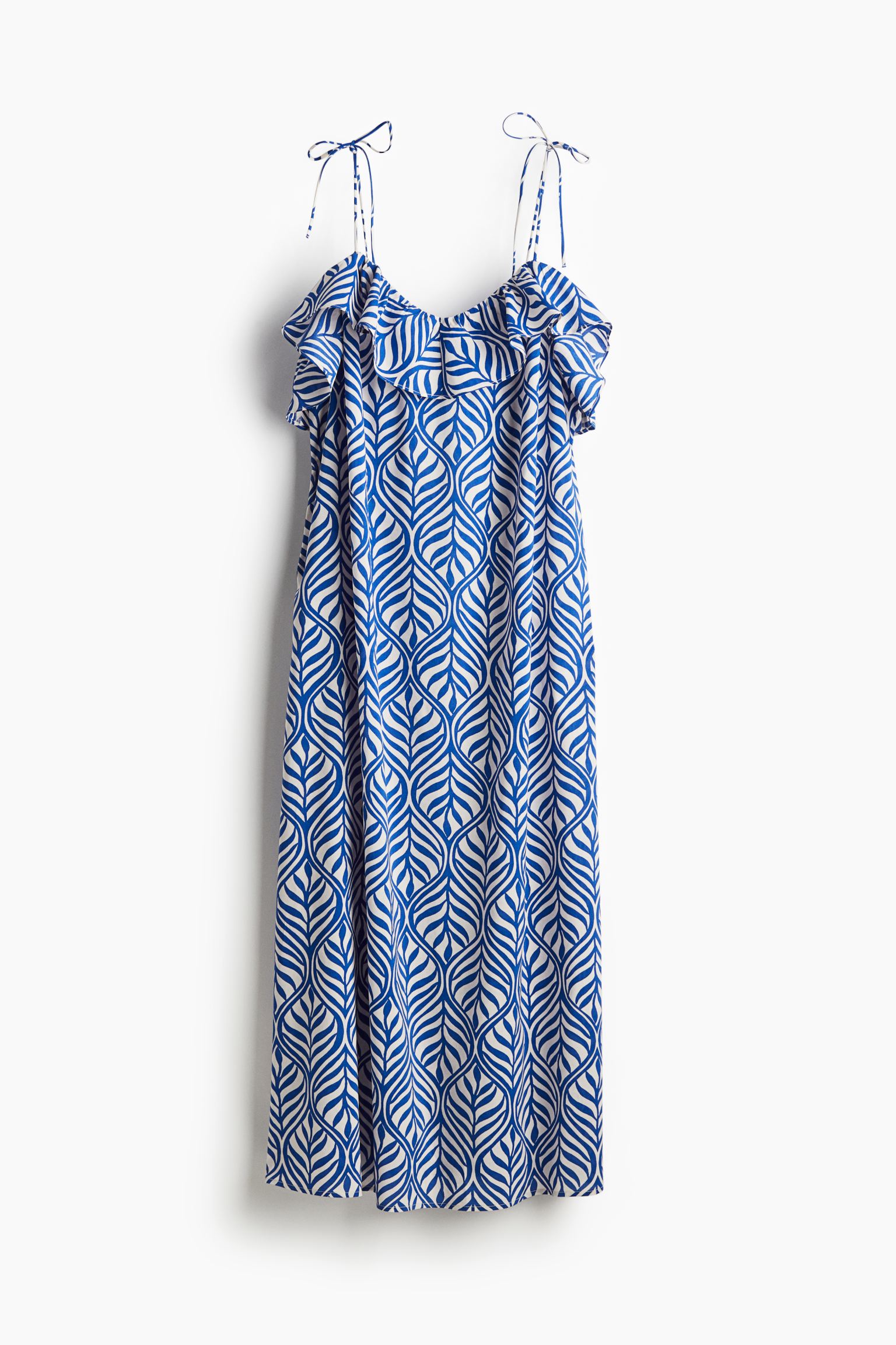 Blue patterned Frill-trimmed strappy dress.jpeg